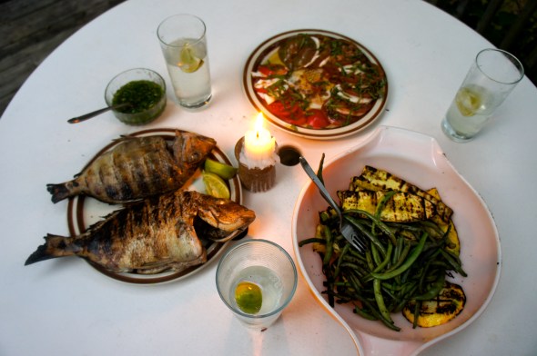 Dinner grown and caught by us: Scup, tomatoes, beans, summer squash